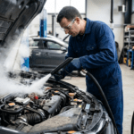 Wann lohnt sich Trockeneisstrahlen – Techniker reinigt Motorraum mit CO₂-Pellets
