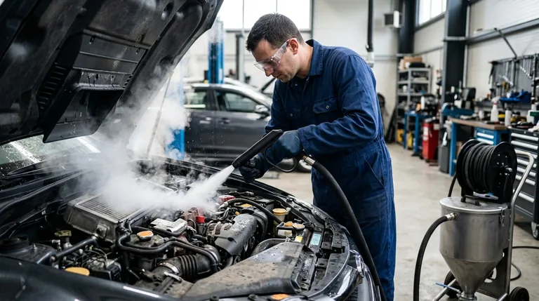 Trockeneisstrahlen Hamburg – Techniker reinigt Motorraum mit CO₂-Strahl